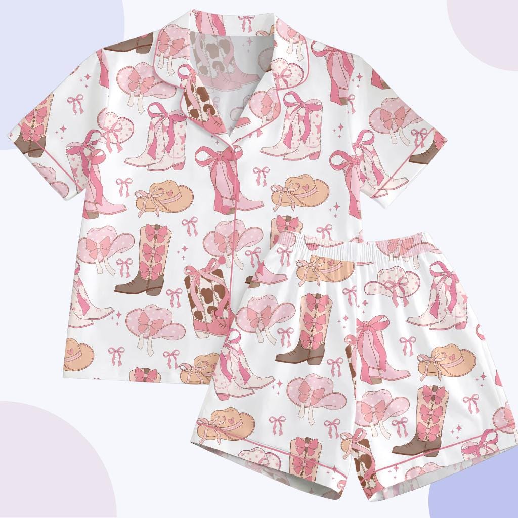 Coquette Cowgirl Pajama Set, Pink Western Boots & Bows Sleepwear