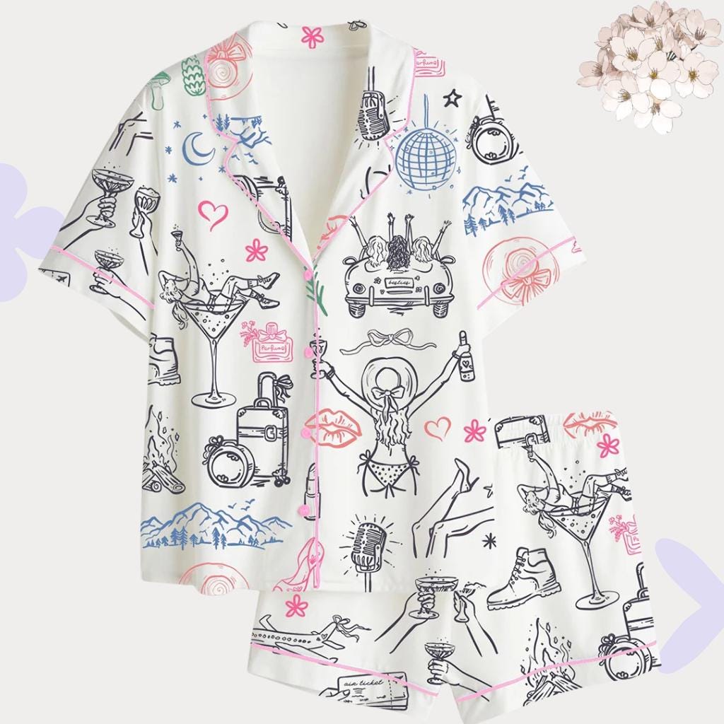 Girls Trip Pajama Set, Travel Doodle Pajamas, Bachelorette Party Sleepwear, Vacation PJs