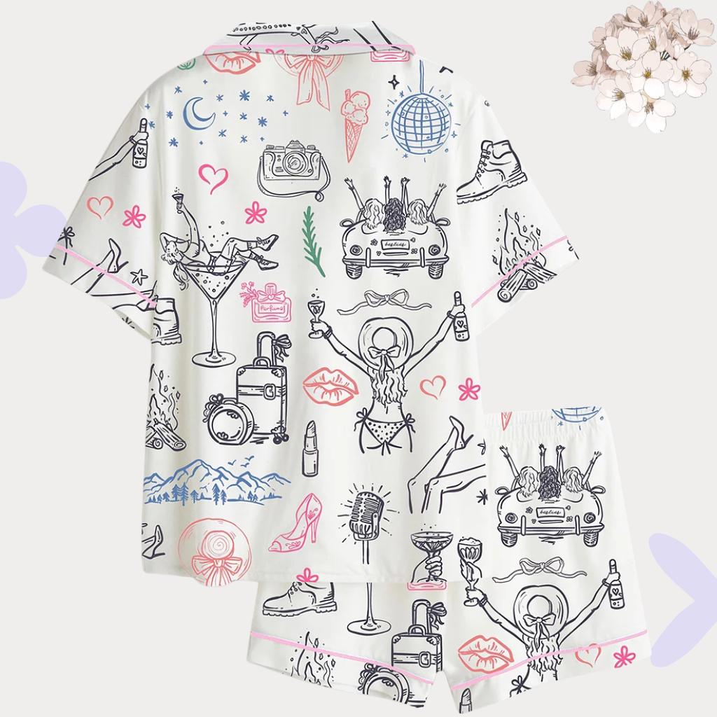 Girls Trip Pajama Set, Travel Doodle Pajamas, Bachelorette Party Sleepwear, Vacation PJs