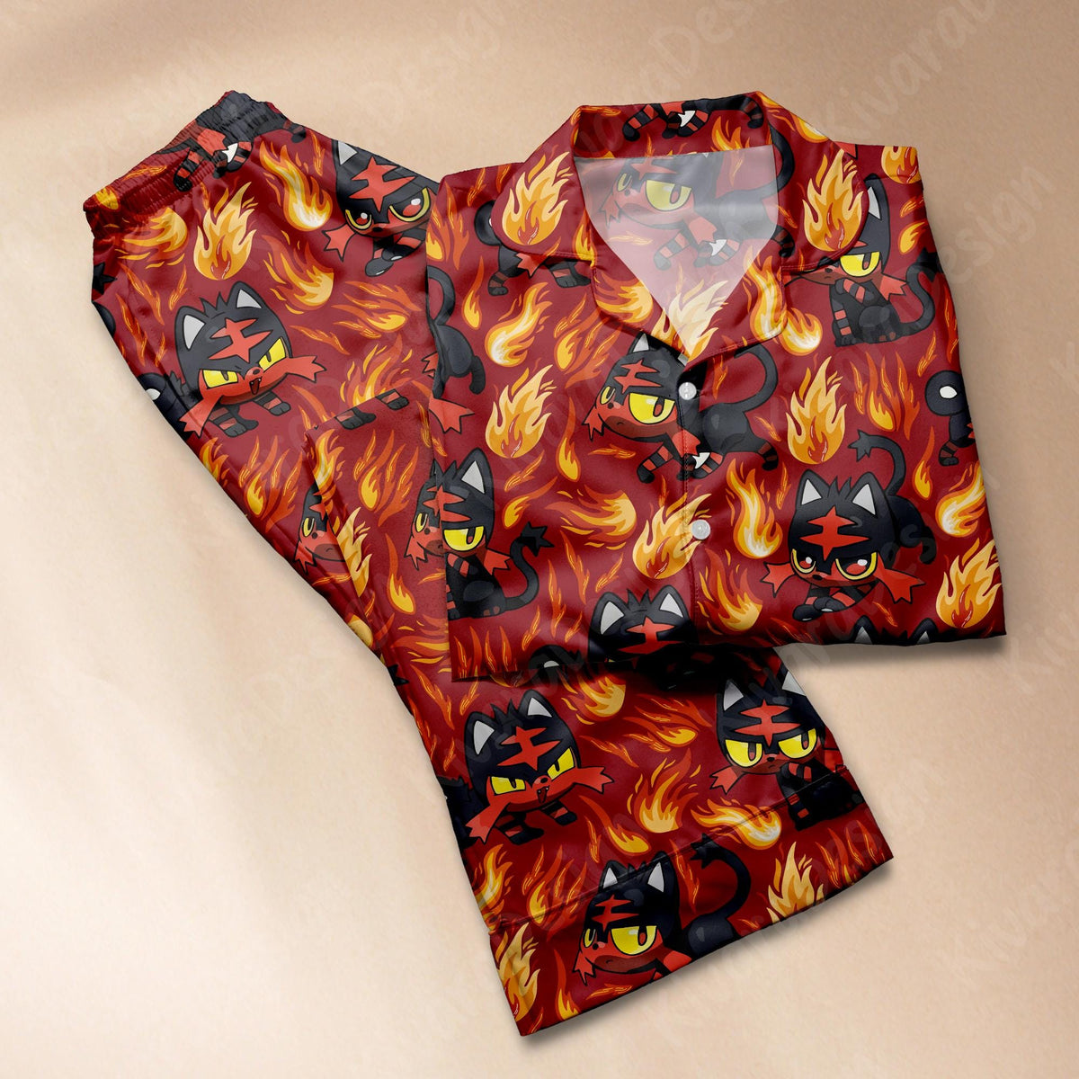 Litten Pajama Set, Fire Cat Soft Polyester Anime Sleepwear Starter Gen 7 Cozy Set