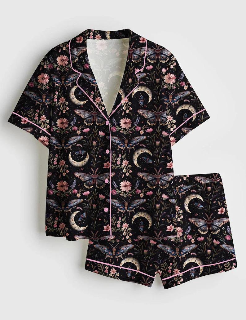 Butterfly Floral Pajama Set Satin Sleepwear Moon Print Gift for Her