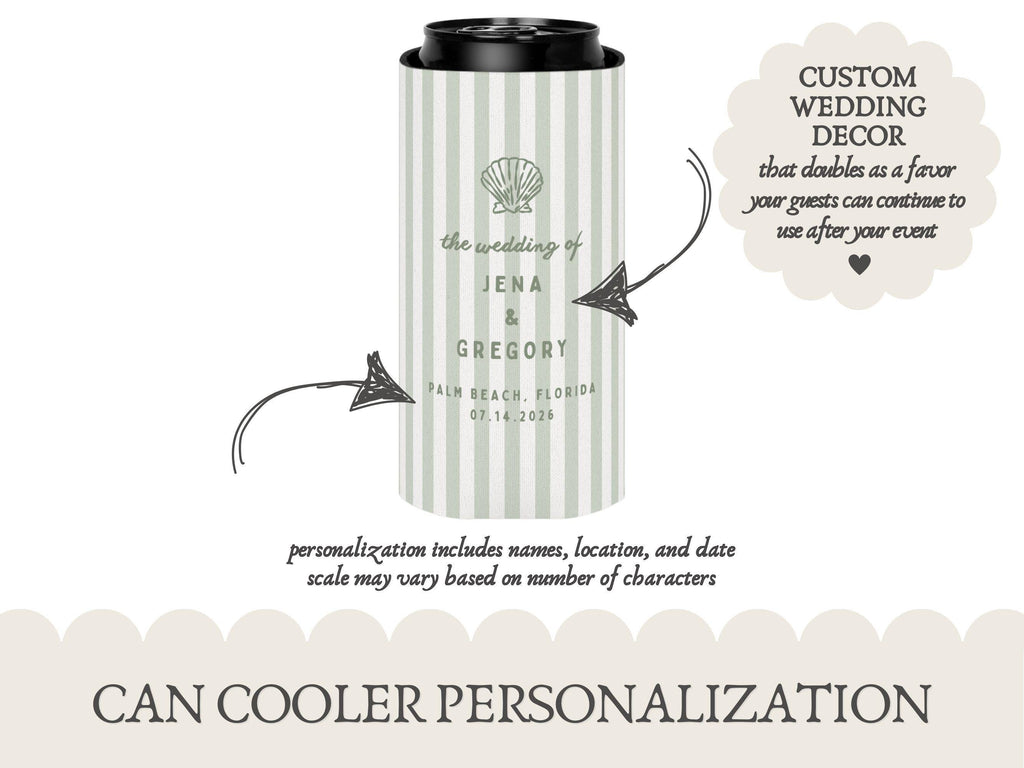 Beach Wedding Can Coolers, Personalized Coastal Wedding Can Holder Bar Decor