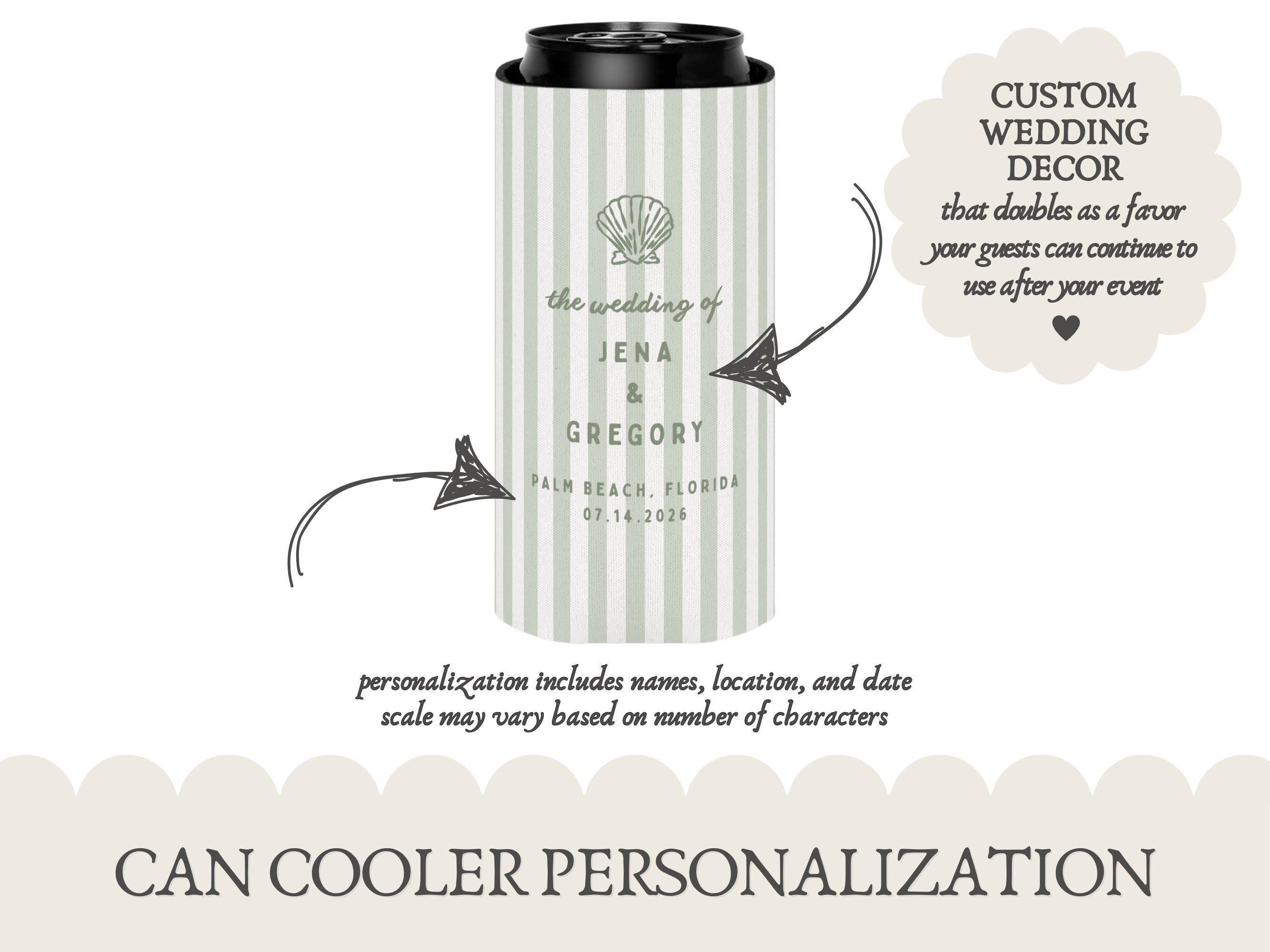 Beach Wedding Can Coolers, Personalized Coastal Wedding Can Holder Bar Decor