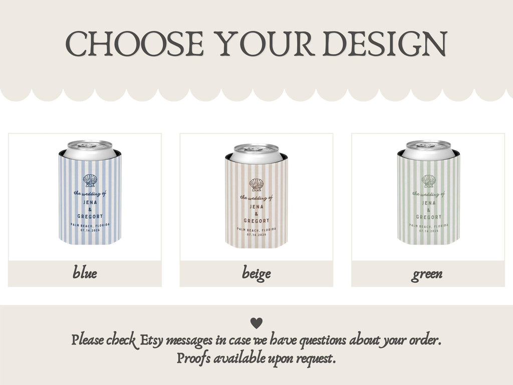Beach Wedding Can Coolers, Personalized Coastal Wedding Can Holder Bar Decor
