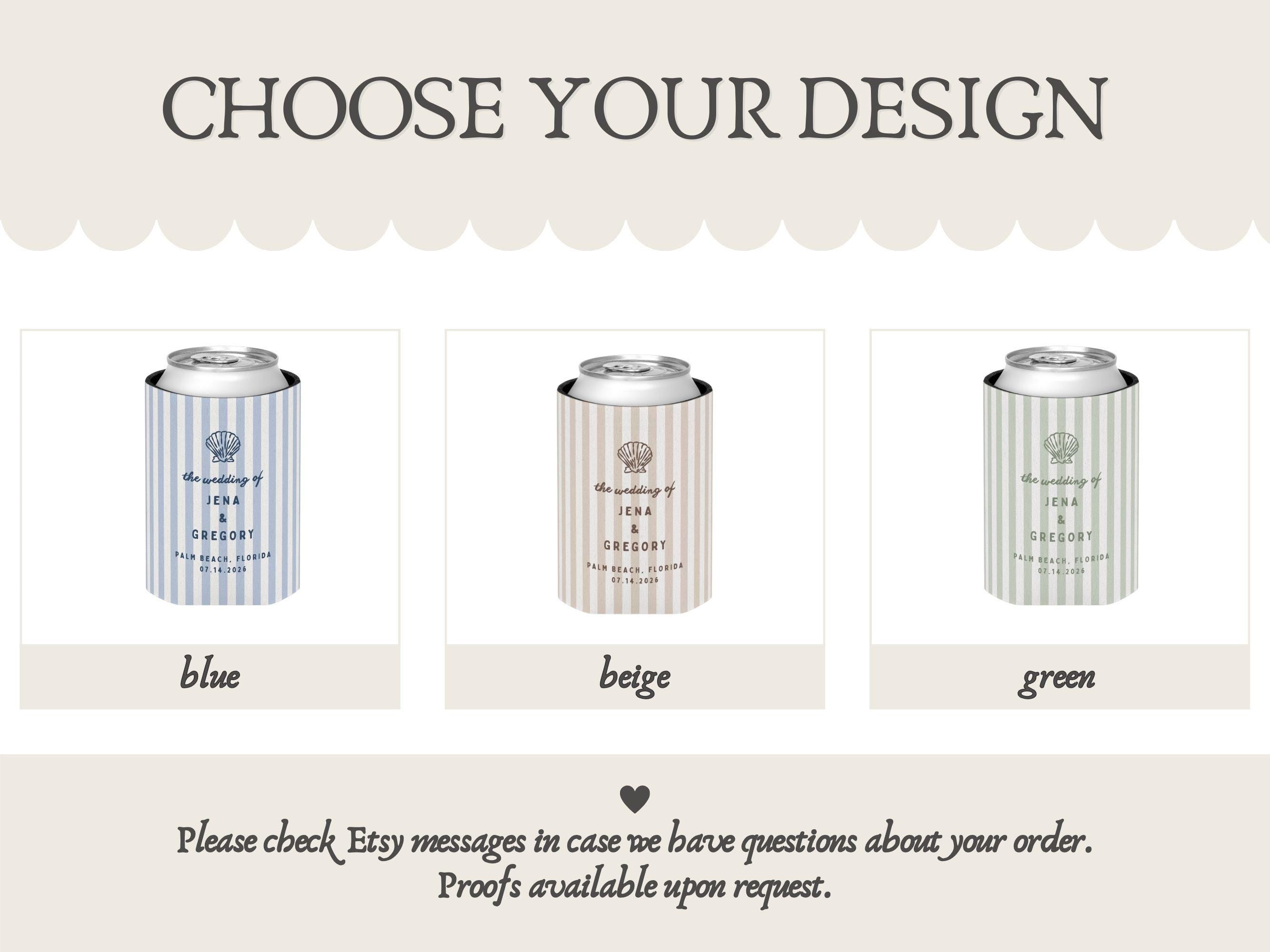 Beach Wedding Can Coolers, Personalized Coastal Wedding Can Holder Bar Decor