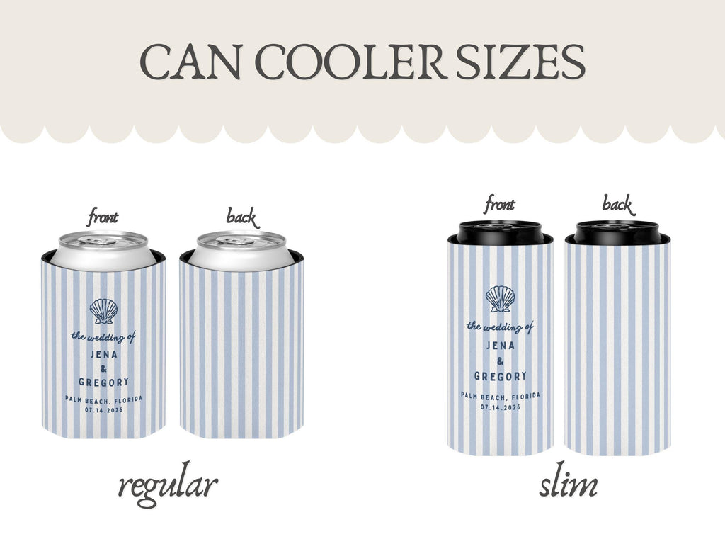 Beach Wedding Can Coolers, Personalized Coastal Wedding Can Holder Bar Decor