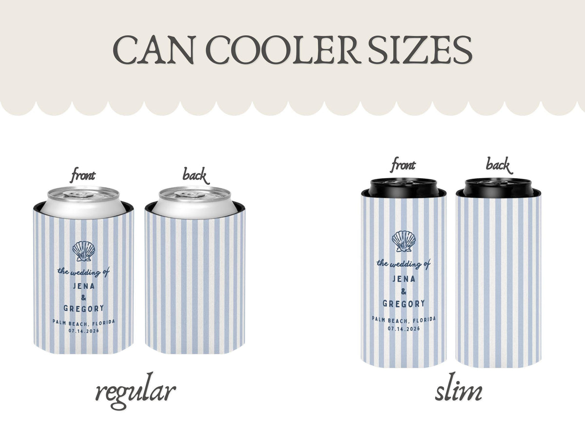 Beach Wedding Can Coolers, Personalized Coastal Wedding Can Holder Bar Decor