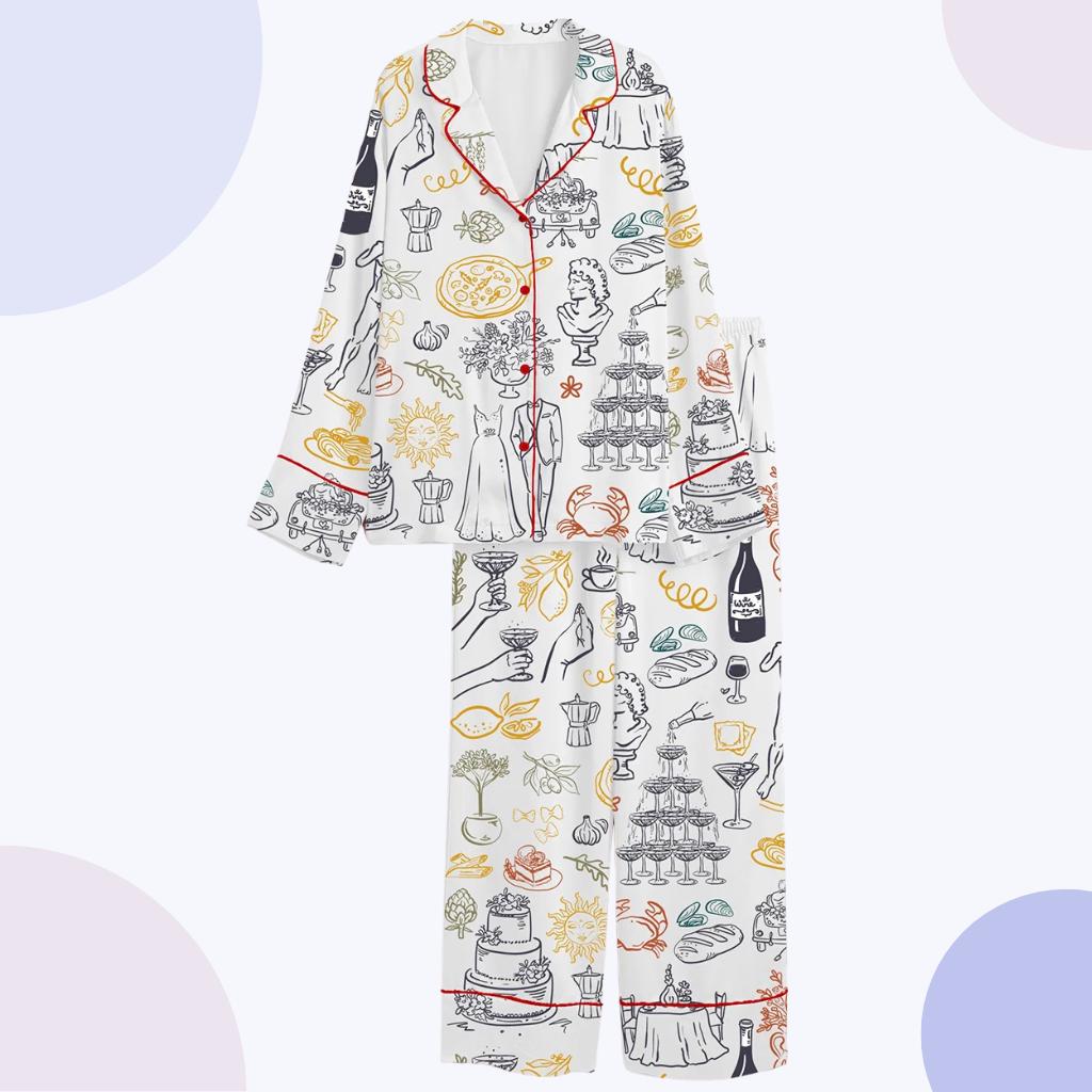 Italian Summer Wedding Pajamas, Pizza & Wine Print Sleepwear