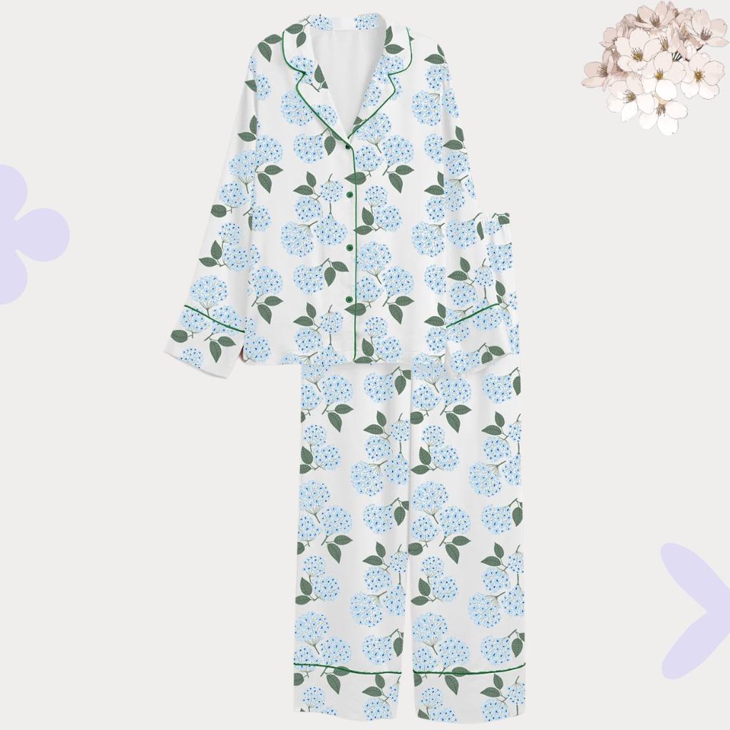 Blue Hydrangea Print Pajama Set, Summer Pjs for Women, Floral Lounge Set with Green Piping, Botanical Sleepwear, Bridesmaid Gift