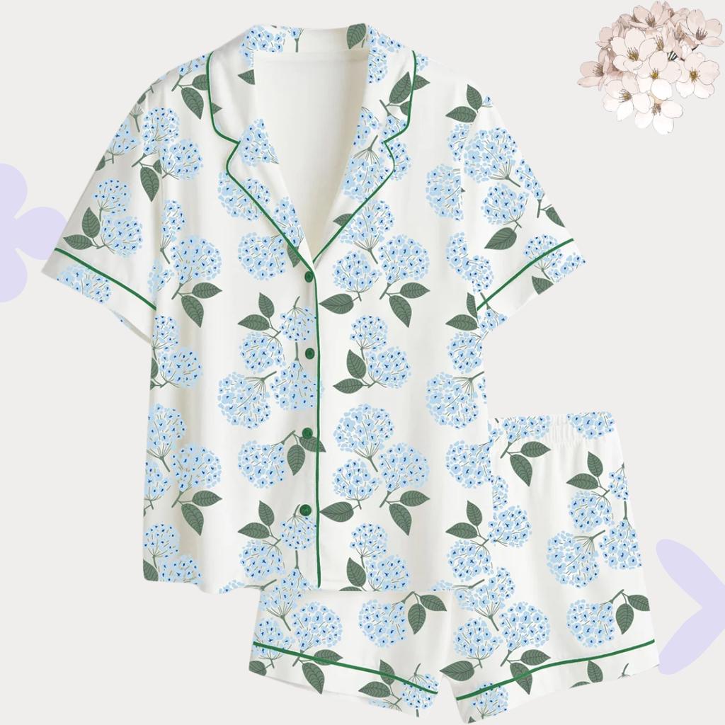 Blue Hydrangea Print Pajama Set, Summer Pjs for Women, Floral Lounge Set with Green Piping, Botanical Sleepwear, Bridesmaid Gift