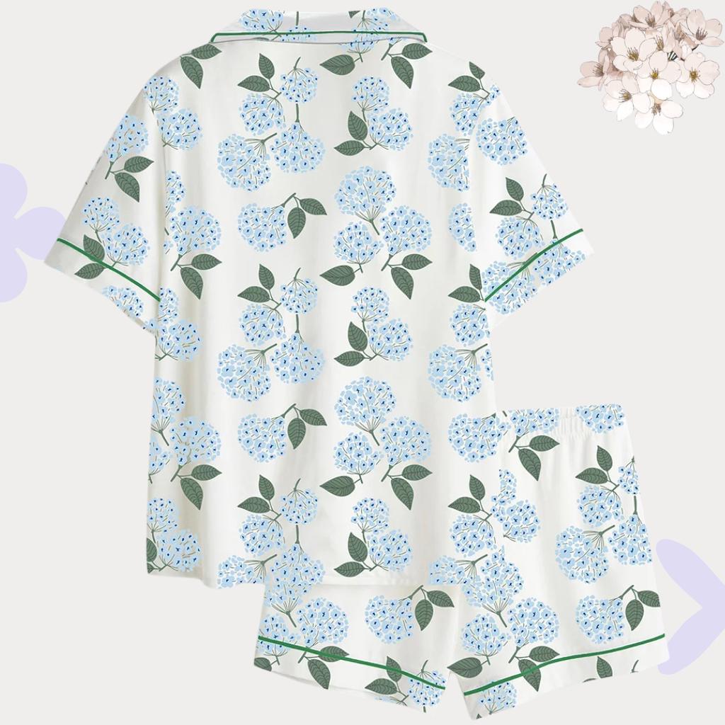 Blue Hydrangea Print Pajama Set, Summer Pjs for Women, Floral Lounge Set with Green Piping, Botanical Sleepwear, Bridesmaid Gift