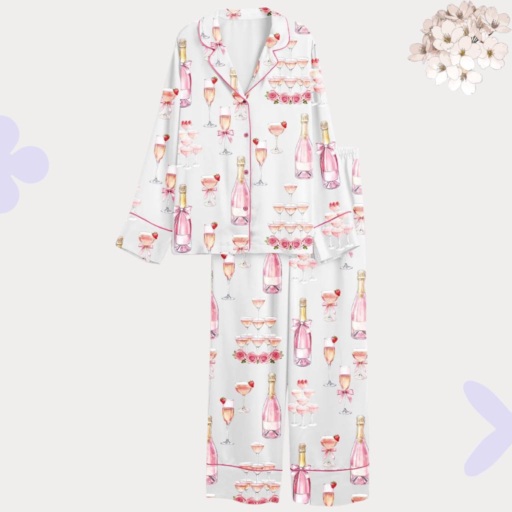 Pink Champagne & Roses Satin Pajamas – Bridal Party Luxury Sleepwear Set