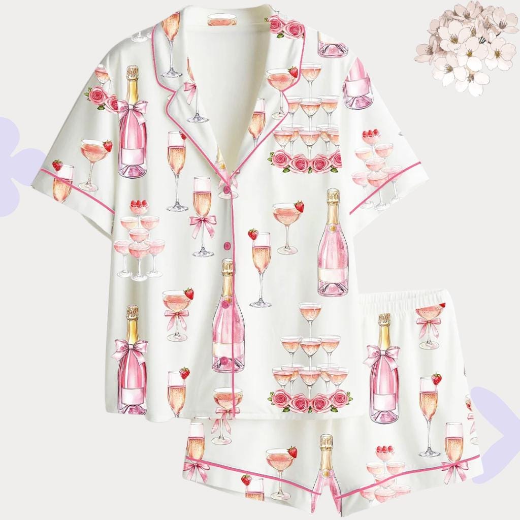 Pink Champagne & Roses Satin Pajamas – Bridal Party Luxury Sleepwear Set