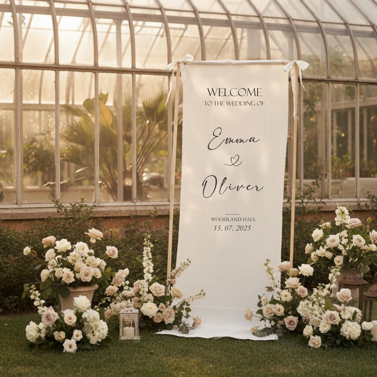 Custom Wedding Welcome Linen Banner, Elegant Outdoor Signage
