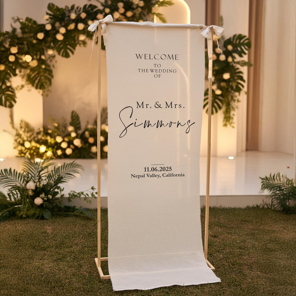 Custom Wedding Welcome Linen Banner, Elegant Outdoor Signage