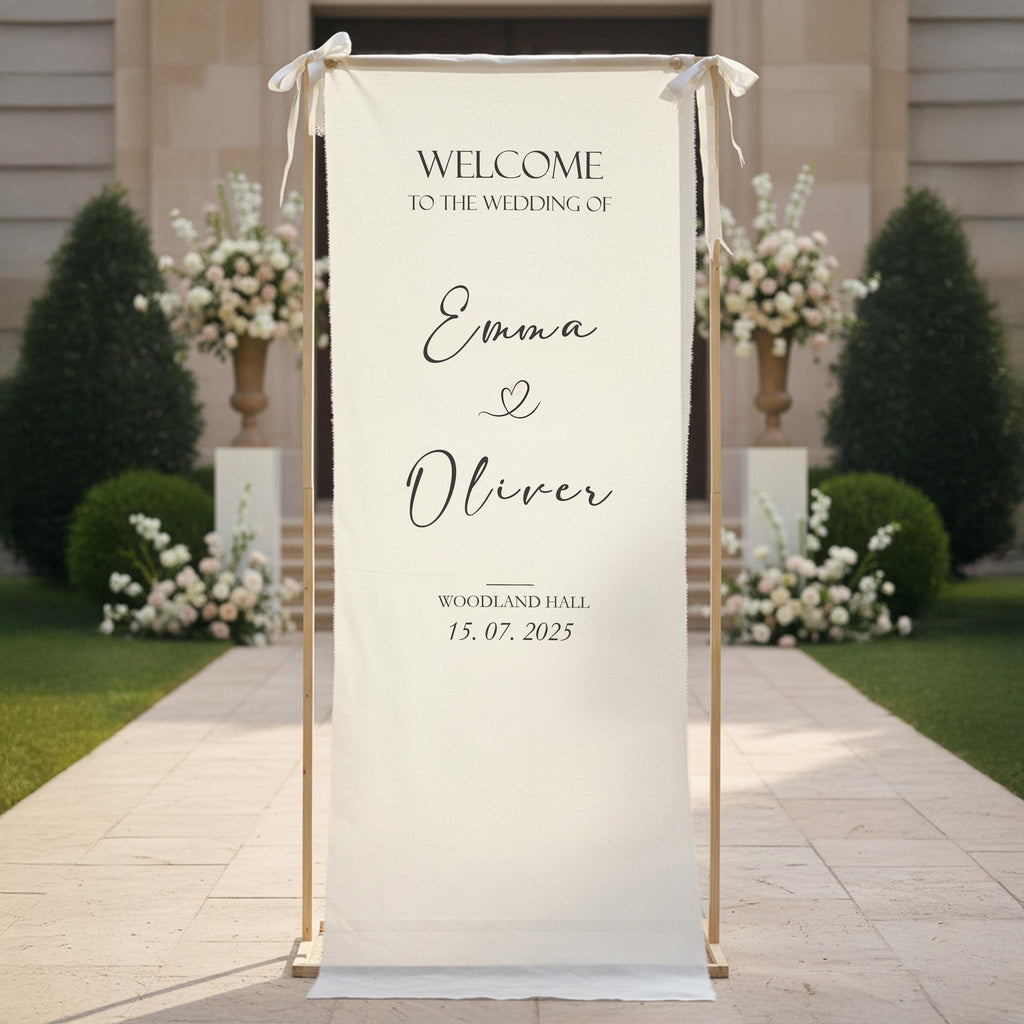 Custom Linen Wedding Welcome Sign – Rustic Fabric Banner