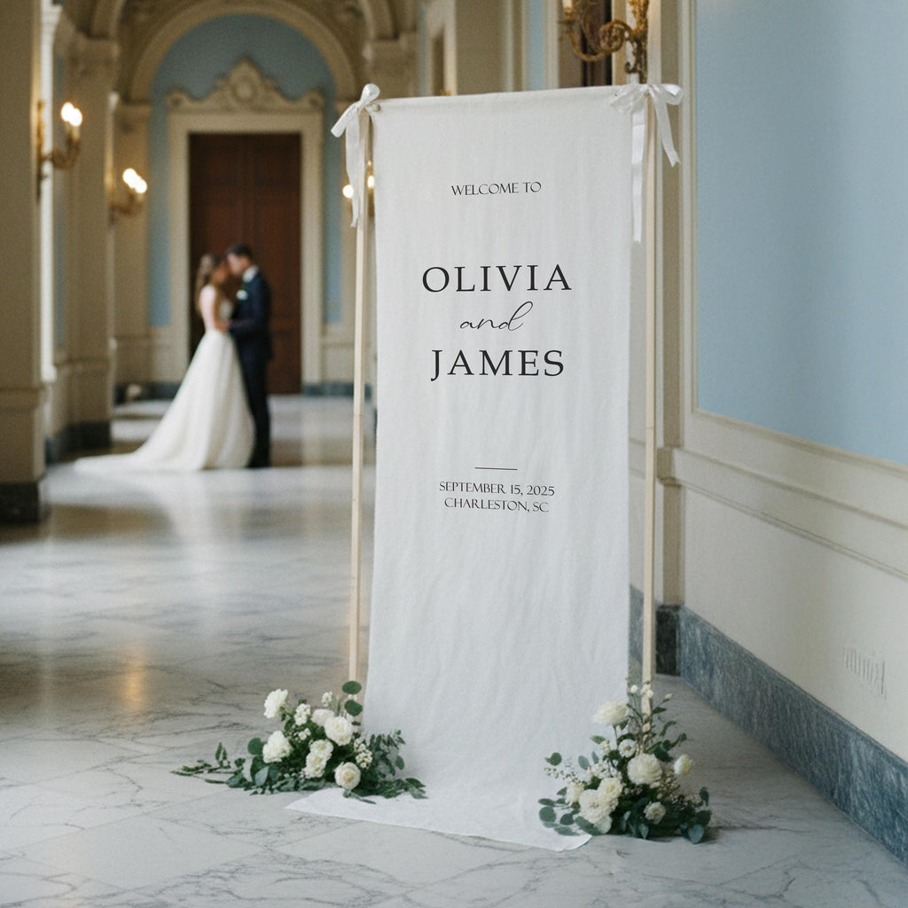 Wedding Welcome Sign Linen Fabric Banner, Custom Boho Wedding Sign, Personalized Wedding Reception Decor, Welcome Sign For Event
