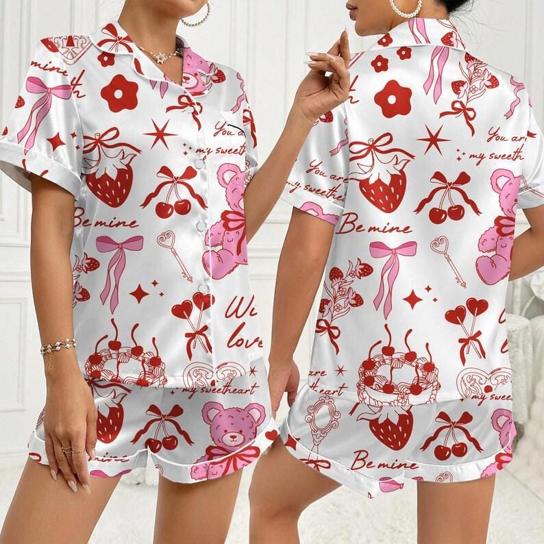 Novelty Print Satin Pajama Set - Strawberry, Teddy Bear, Cherry