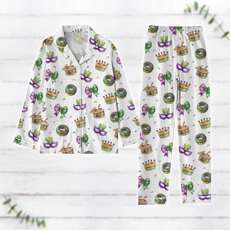 Mardi Gras Pajama Set, Women's Satin Sleepwear
