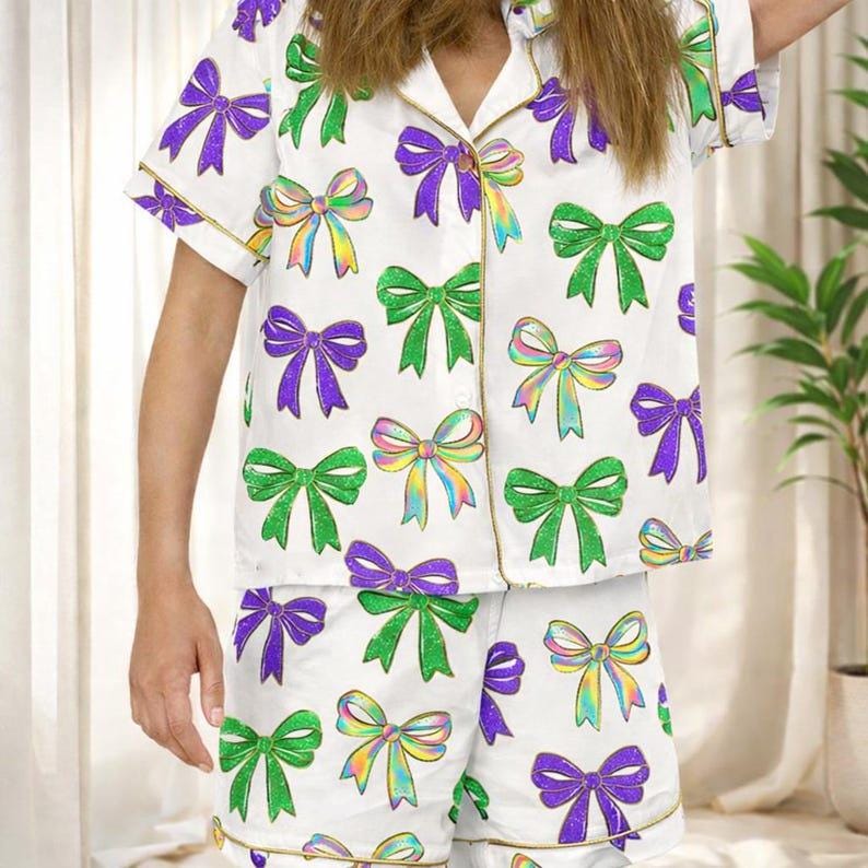 Bow Print Pajama Set, Women's Satin Sleepwear