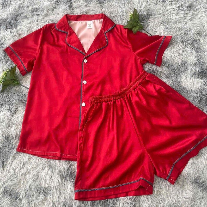 Red Satin Pajama Set: Women's Short Sleeve Loungewear