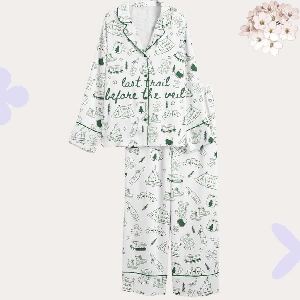 Last Trail Before The Veil Camping Pajamas Set, Bridal Party Sleepwear, Outdoorsy Bachelorette Party Pjs, Camping Theme Bride Gift