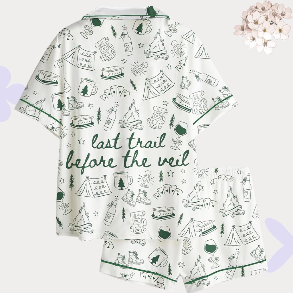 Last Trail Before The Veil Camping Pajamas Set, Bridal Party Sleepwear, Outdoorsy Bachelorette Party Pjs, Camping Theme Bride Gift