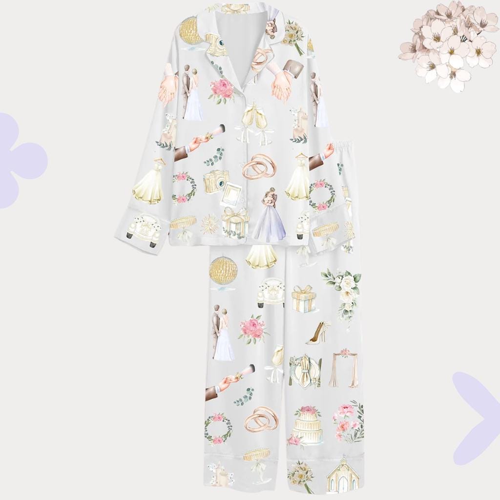 Custom Wedding Pajamas Set, Watercolor Bridal Pjs, Bride To Be Gift, Honeymoon Lounge Set, Bridal Shower Gift, Wedding Morning Outfit
