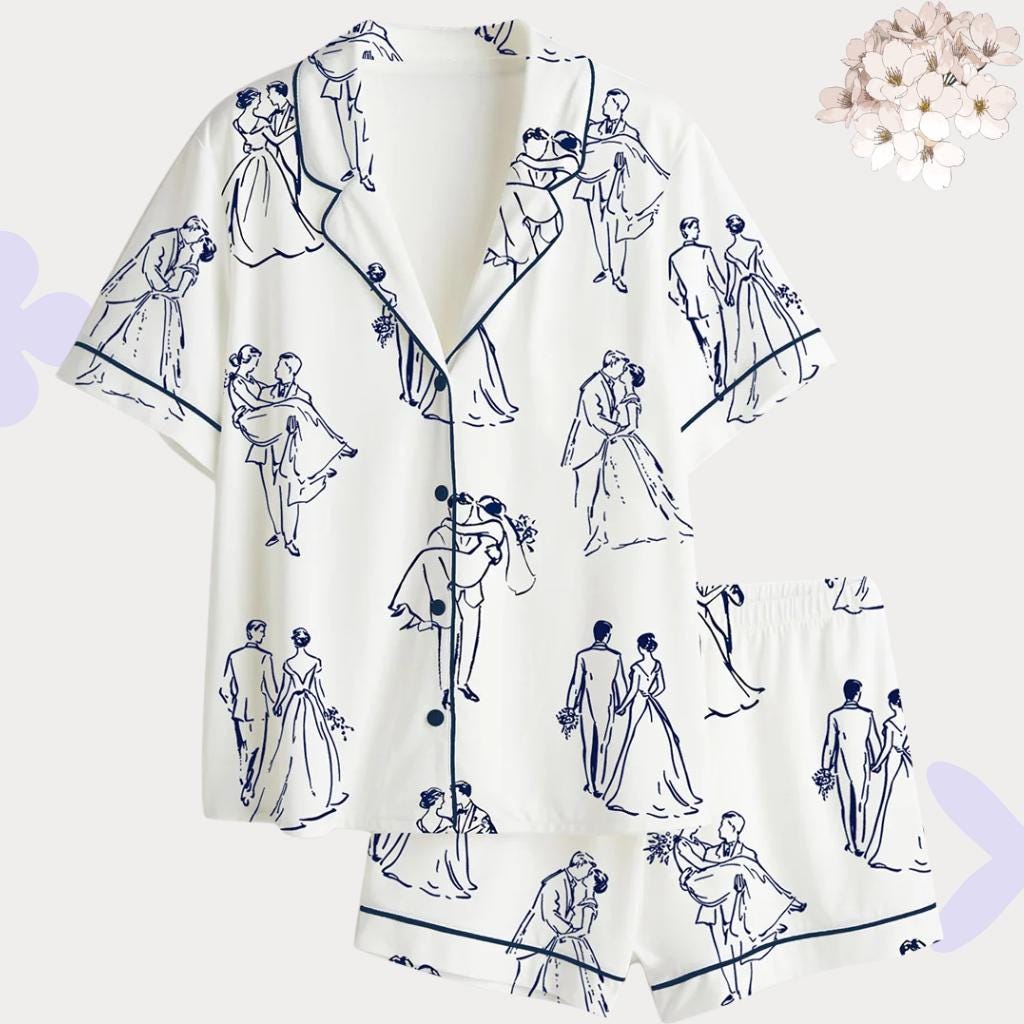 Bridal Pajama Set – Romantic Couple Sketch Wedding Sleepwear for Bride