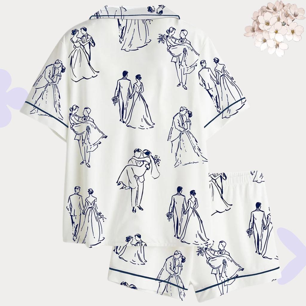 Bridal Pajama Set – Romantic Couple Sketch Wedding Sleepwear for Bride