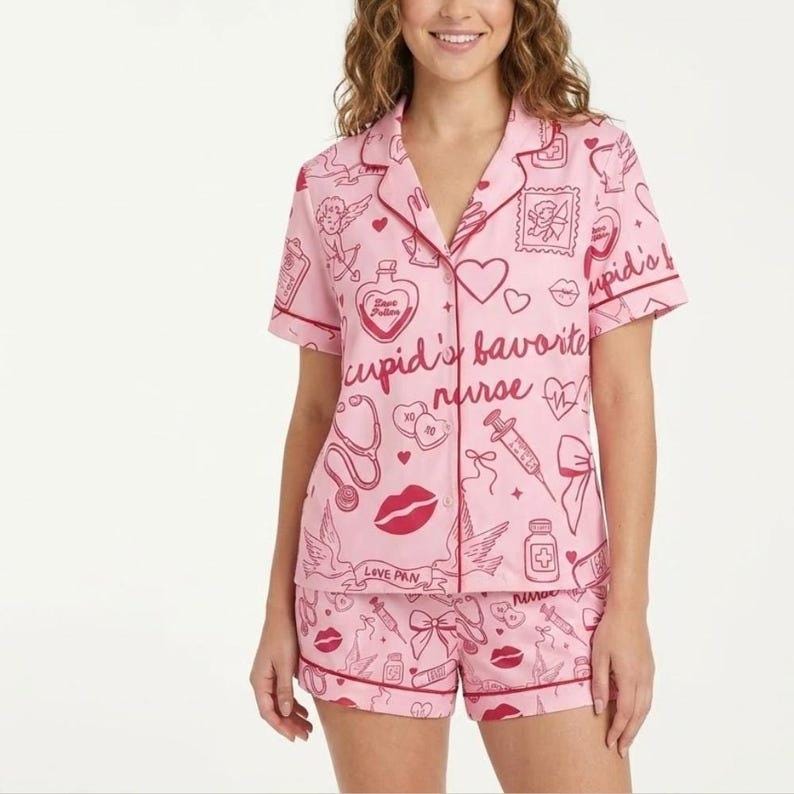 Nurse Pajama Set Pink Satin Sleepwear Valentines Gift for Nurse