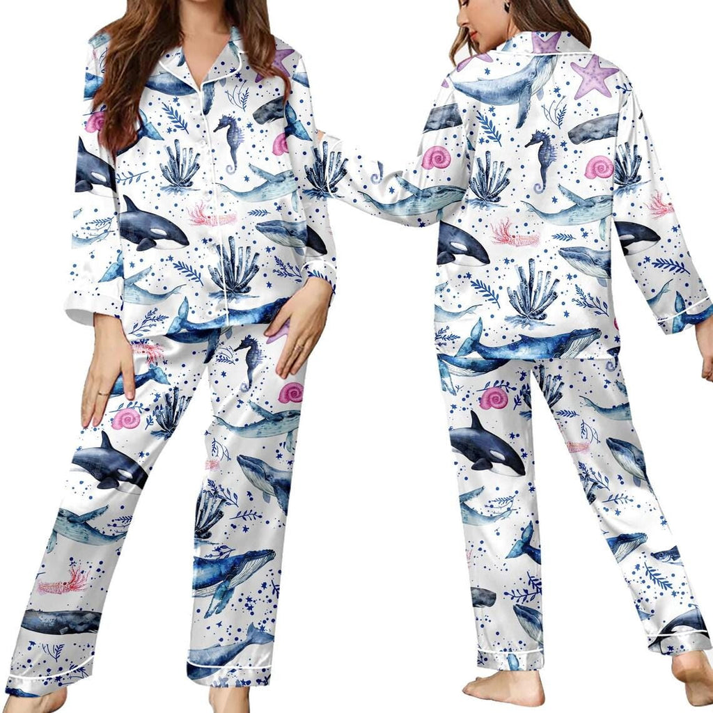 Watercolor Whale Pajama Set – Nautical Ocean Print Women's Sleepwear