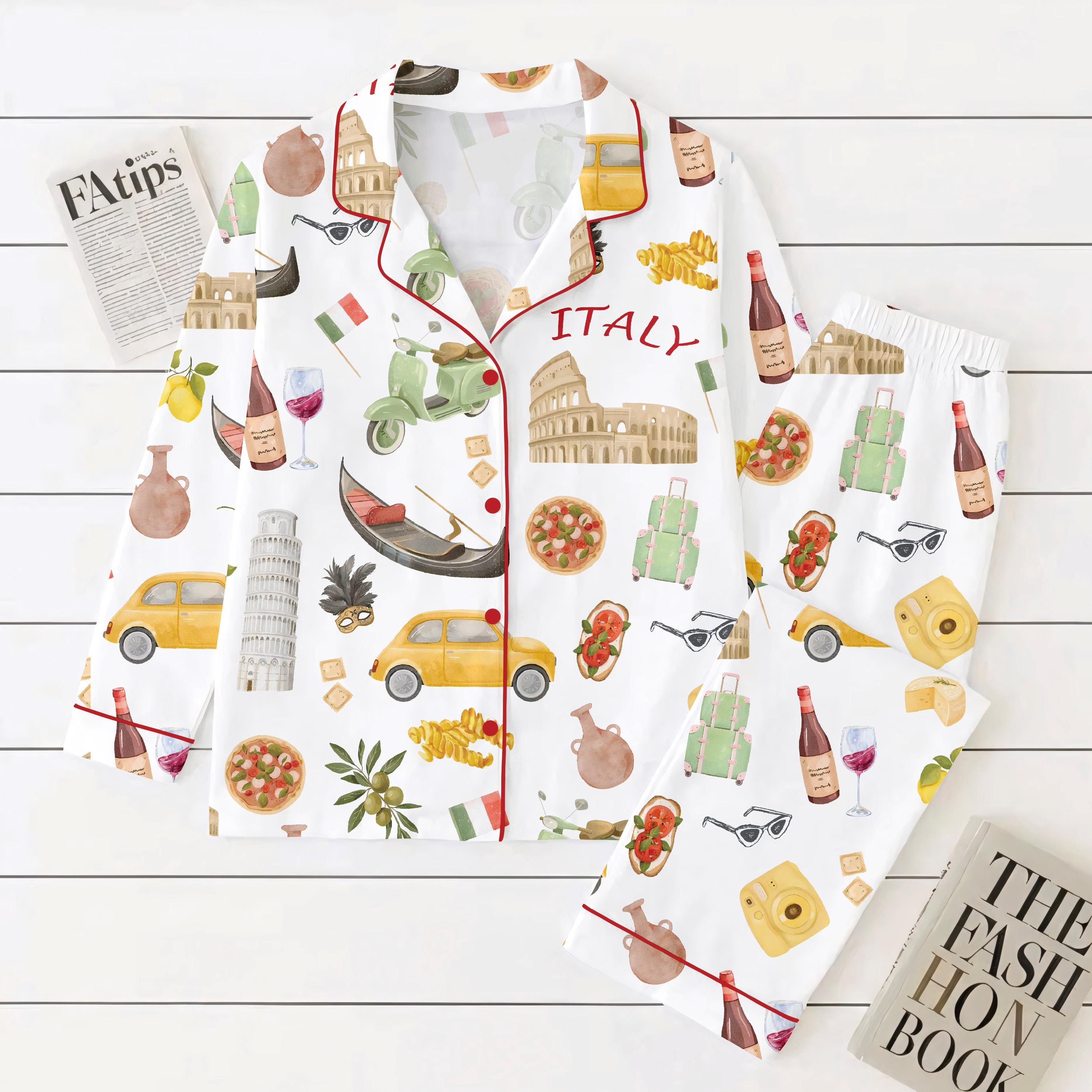 Watercolor Italian Icons Pajama Set – Amalfi Coast Vacation Women's Sleepwear