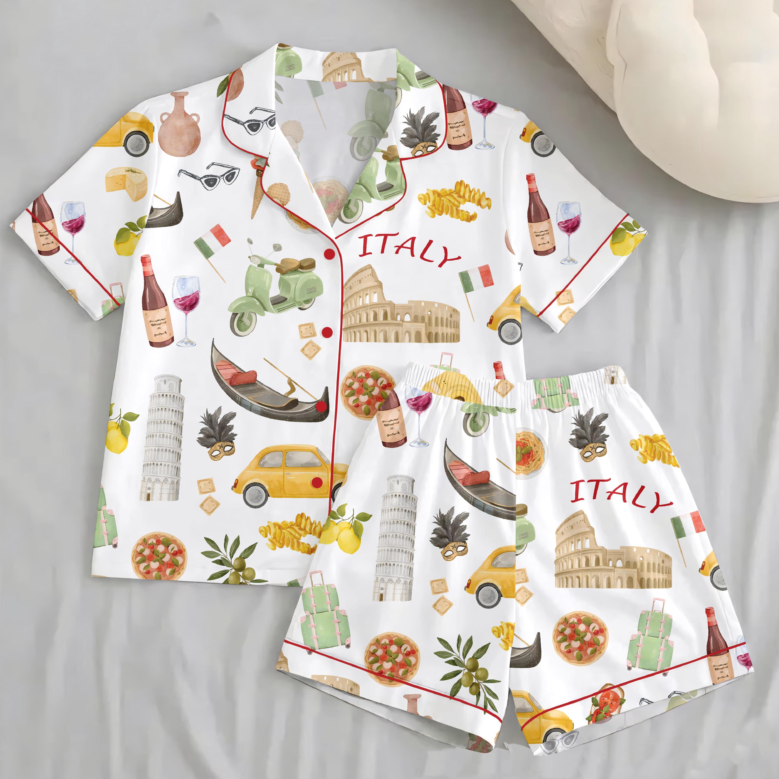 Watercolor Italian Icons Pajama Set – Amalfi Coast Vacation Women's Sleepwear