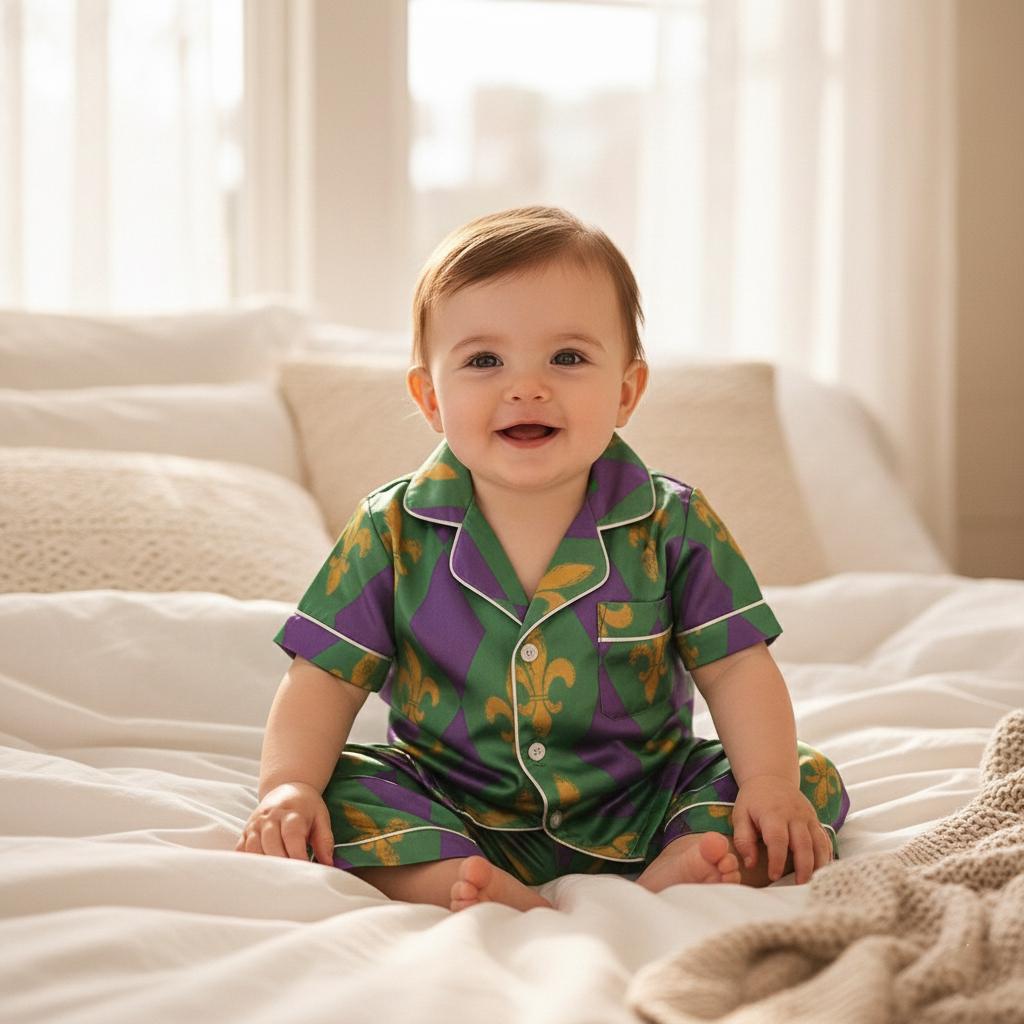Mardi Gras Satin Pajamas Set, Funny New Orleans Carnival Themed Pajamas for Party Lovers, Louisiana Festival Sleepwear, Fleur de lis Pajamas