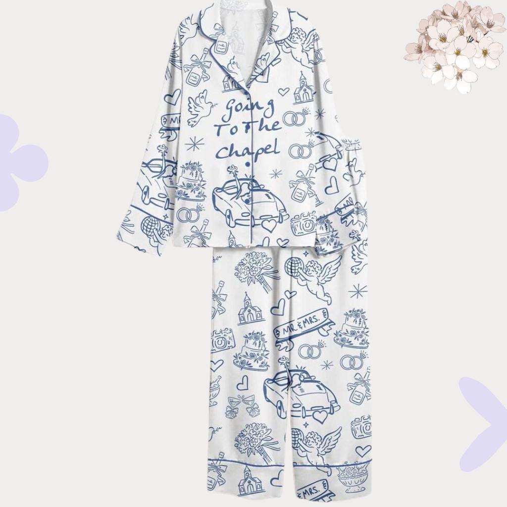 Blue Toile Wedding Pajamas, Bridal Morning Short PJs, Honeymoon Sleepwear