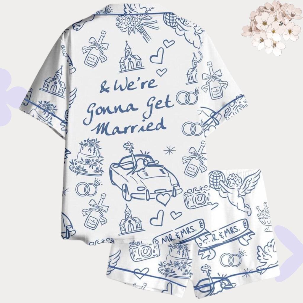 Blue Toile Wedding Pajamas, Bridal Morning Short PJs, Honeymoon Sleepwear