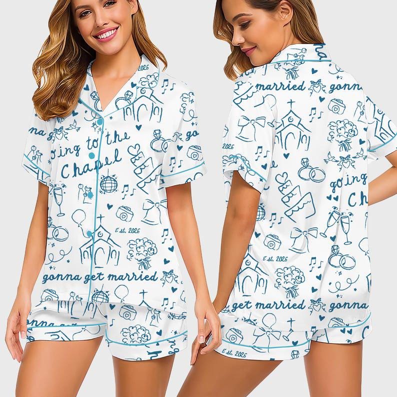Bridal Pajama Set Satin Sleepwear Wedding Print Bachelorette Gift for Bride