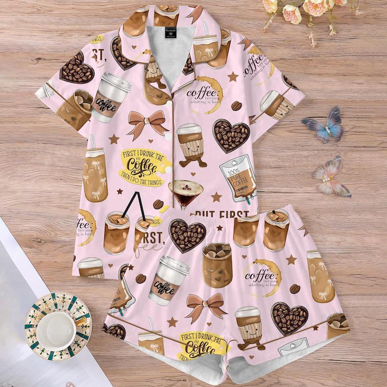 Coffee Print Pajama Set Satin Sleepwear Coffee Lover Gift