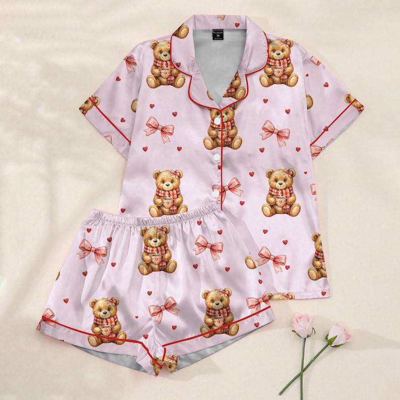 Teddy Bear Pajama Set Pink Satin Sleepwear Valentine Gift for Her