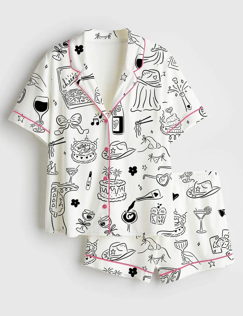 Novelty Print Pajama Set: Faux Silk Loungewear