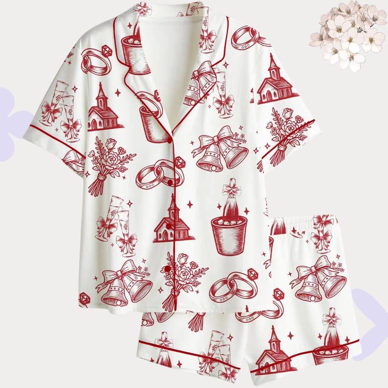 Satin Pajama Set: Women's Short Sleeve Sleepwear, Contrast Piping