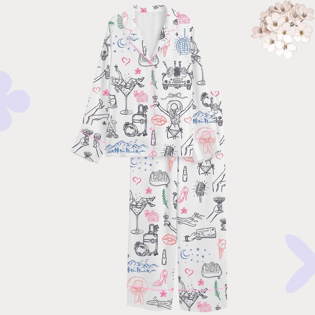 Girls Trip Pajama Set, Travel Doodle Pajamas, Bachelorette Party Sleepwear, Vacation PJs