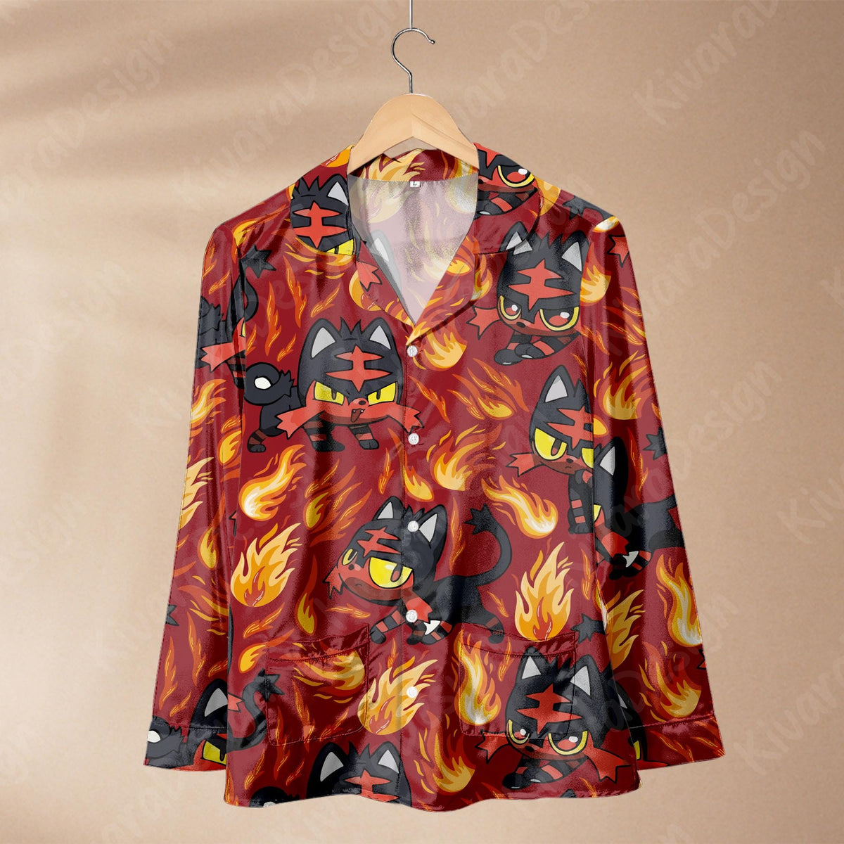 Litten Pajama Set, Fire Cat Soft Polyester Anime Sleepwear Starter Gen 7 Cozy Set