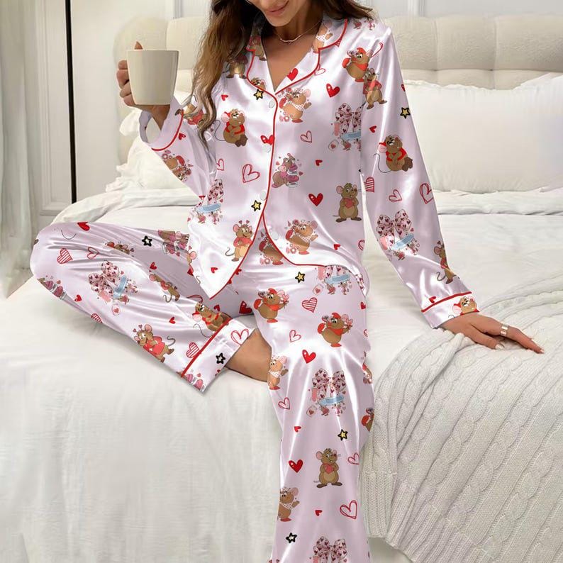 Women's Satin Pajama Set: Novelty Print, Contrast Piping