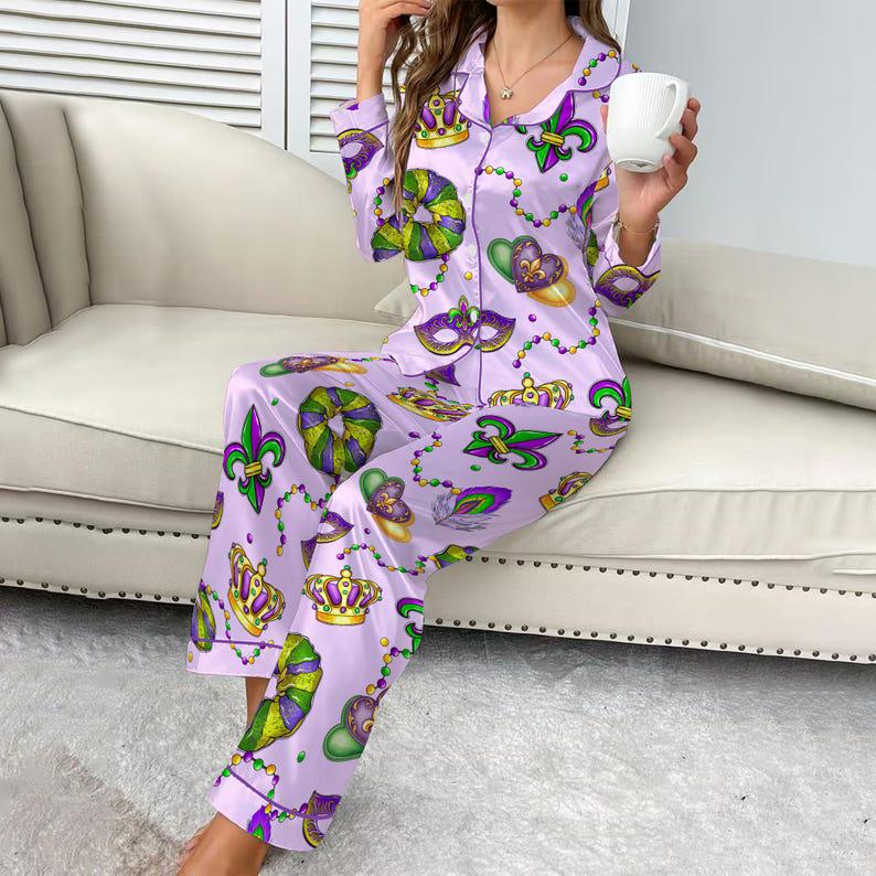 Women's Satin Pajama Set: Mardi Gras Print, Contrast Piping