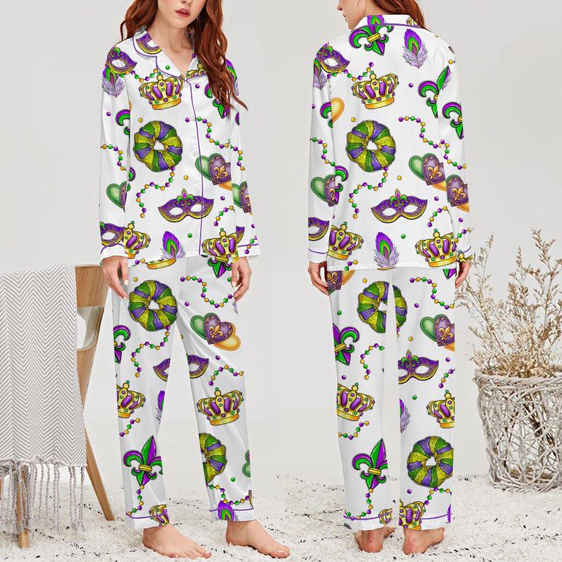 Mardi Gras Pajama Set, Women's Satin Sleepwear