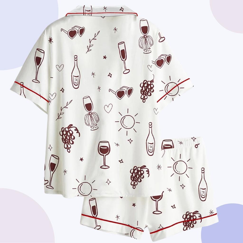 Wine Print Pajama Set – Grape & Wine Glass Short Sleeve Women's Sleepwear