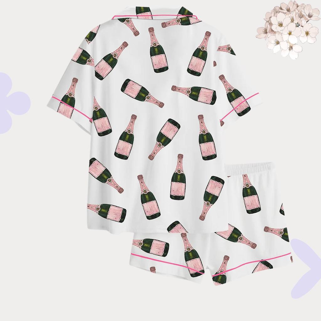 Champagne Bottle Print Pajama Set – Satin Bridal Party Women's Sleepwear
