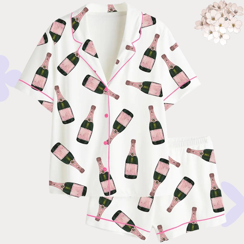 Champagne Bottle Print Pajama Set – Satin Bridal Party Women's Sleepwear